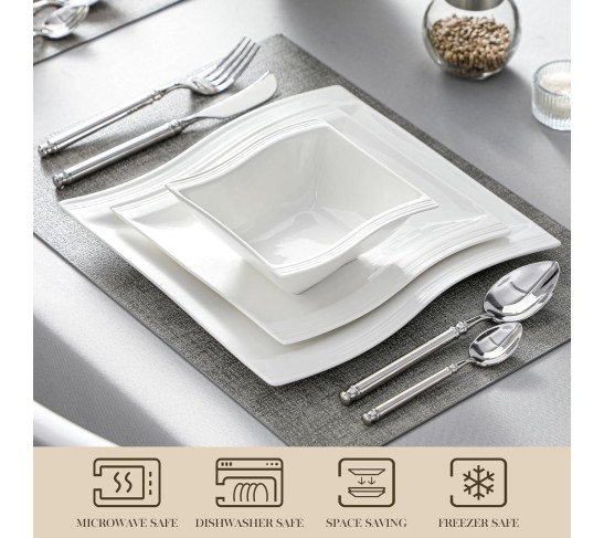 Plates and Bowls Sets, 12-Piece Ivory White Square Dinnerware Sets for 4, Porcelain Dish Set with Dinner Plates, Dessert Plates and Bowls, Kitchen Plate Bowl Set, Series Flora