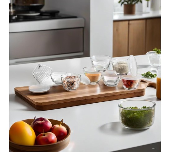 16pc Set of Small Glass Bowls with Airtight Lids - 8oz Stackable Custard Cups - 8 Clear Mise en Place Food Prep Bouillon Cups & Mixing Bowls + 8 Lids for Sauces Dips, Nuts Oats, Candy Dessert, Cereal.