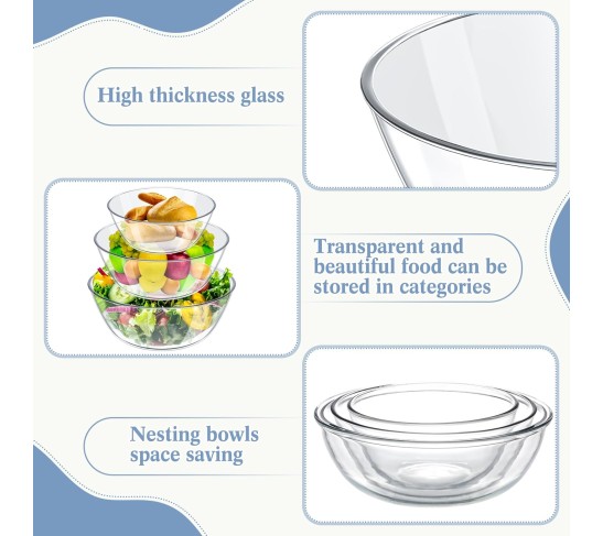 6.5 Qt, 4.8 Qt, 2.9 Qt Large Glass Mixing Bowls Clear Glass Salad Cooking Bowls for Kitchen Salad Bread Storage, Dishwasher, Freezer, Microwave(3 Pcs)
