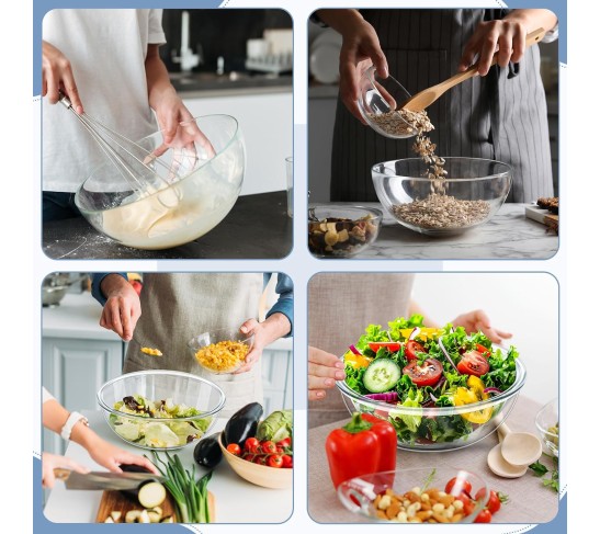 6.5 Qt, 4.8 Qt, 2.9 Qt Large Glass Mixing Bowls Clear Glass Salad Cooking Bowls for Kitchen Salad Bread Storage, Dishwasher, Freezer, Microwave(3 Pcs)