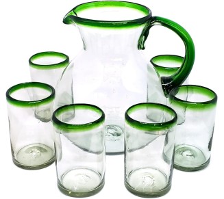 Emerald Green Rim 120 oz Pitcher and 6 Drinking Glasses set, Recycled Glass, Lead-free, Toxin-Free (Pitcher & Glasses)