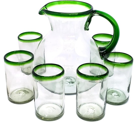 Emerald Green Rim 120 oz Pitcher and 6 Drinking Glasses set, Recycled Glass, Lead-free, Toxin-Free (Pitcher & Glasses)
