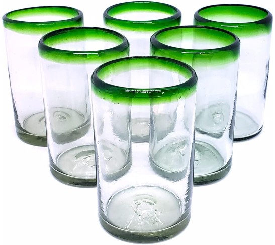 Emerald Green Rim 120 oz Pitcher and 6 Drinking Glasses set, Recycled Glass, Lead-free, Toxin-Free (Pitcher & Glasses)
