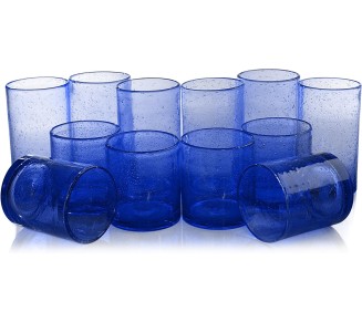 Iris Cobalt Blue Seeded 12 Piece Double Old Fashioned Glass and Highball Tumbler Set