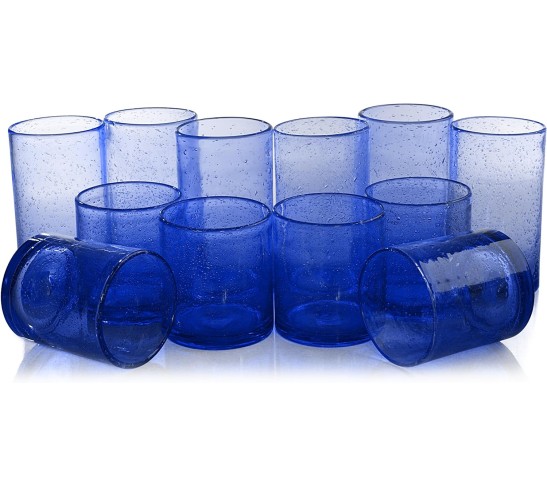 Iris Cobalt Blue Seeded 12 Piece Double Old Fashioned Glass and Highball Tumbler Set